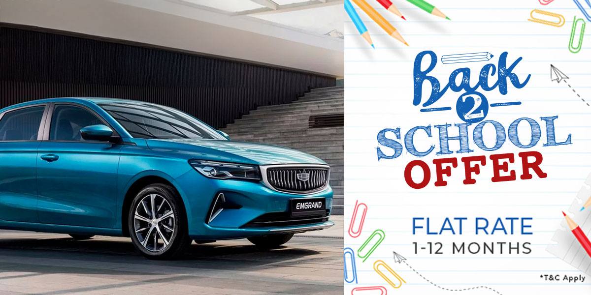 Alt text: "Blue sedan parked in front of modern steps, showcased in an ad with colorful pencils and paper clips. Text reads 'Back 2 School Offer: Flat Rate 1-12 Months.' Terms and conditions apply."