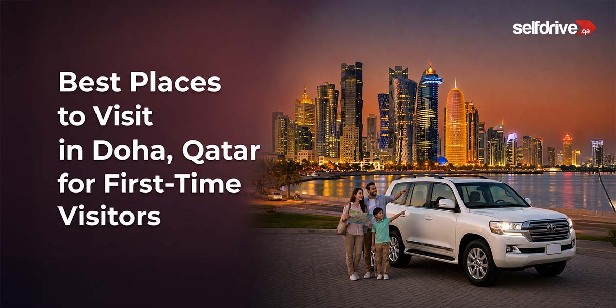 A family stands beside a white SUV with a scenic view of Doha's illuminated skyline at sunset. Text reads: 'Best Places to Visit in Doha, Qatar for First-Time Visitors.