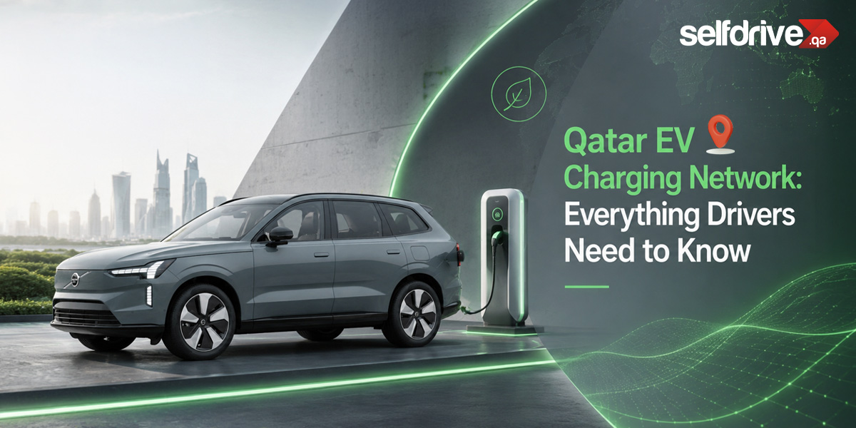 A silver electric SUV is charging at a station, with a city skyline in the distance. Text reads, "Qatar EV Charging Network: Everything Drivers Need to Know."