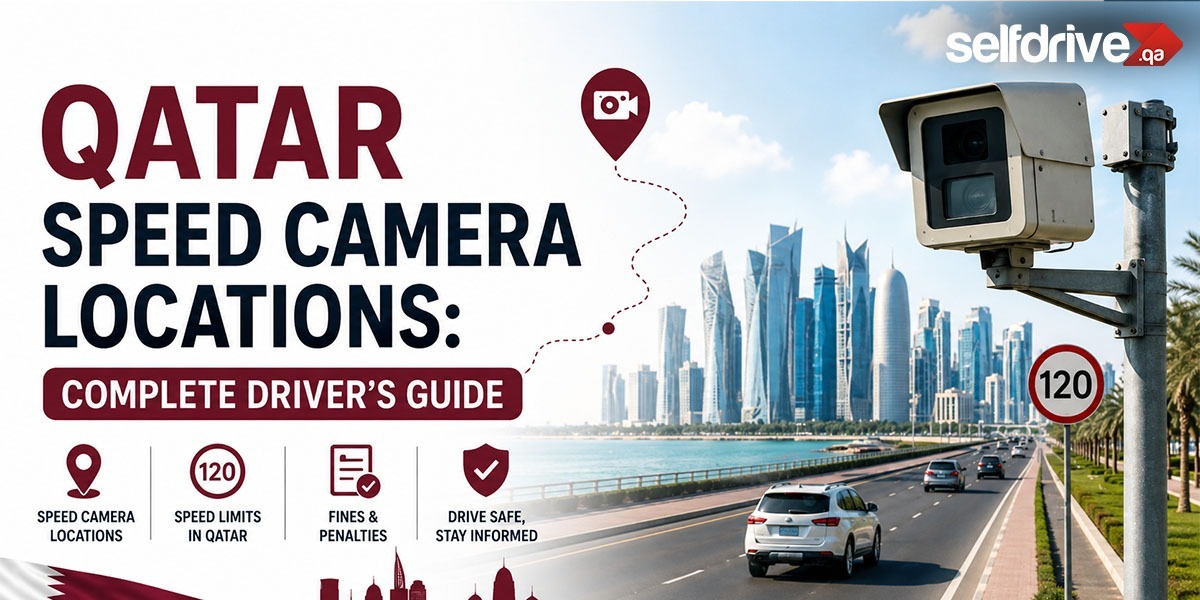 Infographic showing Qatar speed camera locations, speed limits, and fines, with a speed camera and cityscape in the background.