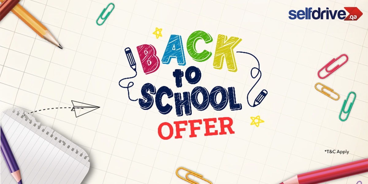 Back to School Offer banner featuring colorful school supplies, SelfDrive Qatar logo, and Back to School Offer text.