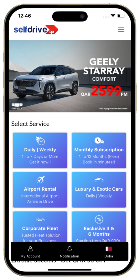 A cell phone showing a SelfDrive UK car rental application with offers and booking options